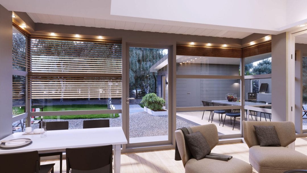 Bild om visar MAX Attefalls burspråk som sprider ljus och rymd i hela huset. Attefallshus 40 kvm