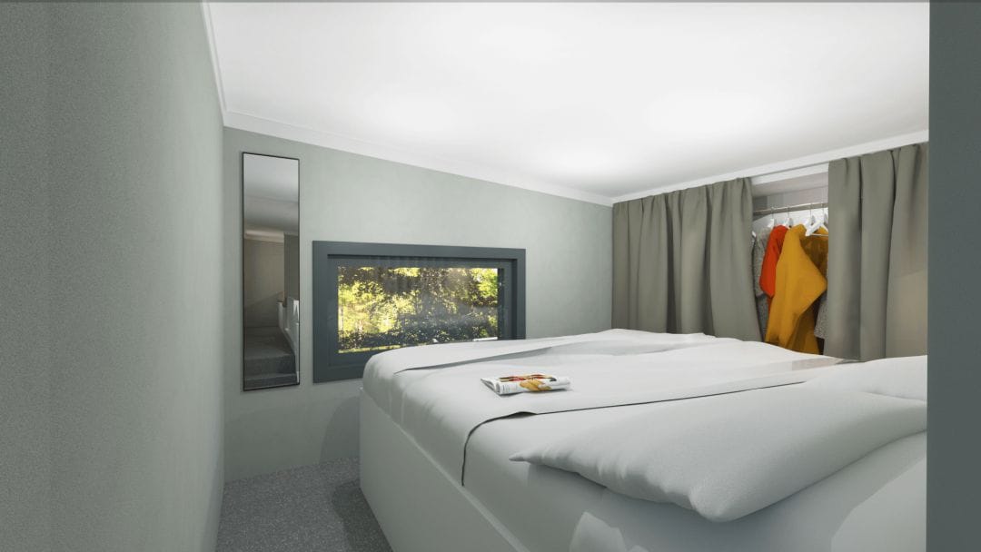 Bild som visar sovrum med fönster, riktig dubbelsäng och förvaring på MAX Attefalls ovanvåning.