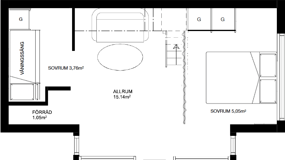 Planritning över MAX Attefalls bottenvåning där kök och badrum ersatts med två extra sovrum