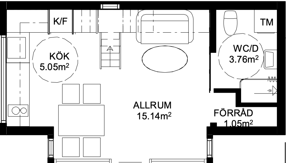 Planritning över spegelvänt MAX Attefalls bottenvåning