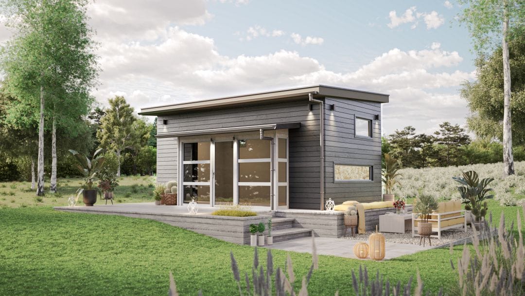 MAX Attefall med standard exteriör med liggande mörkbrun panel.