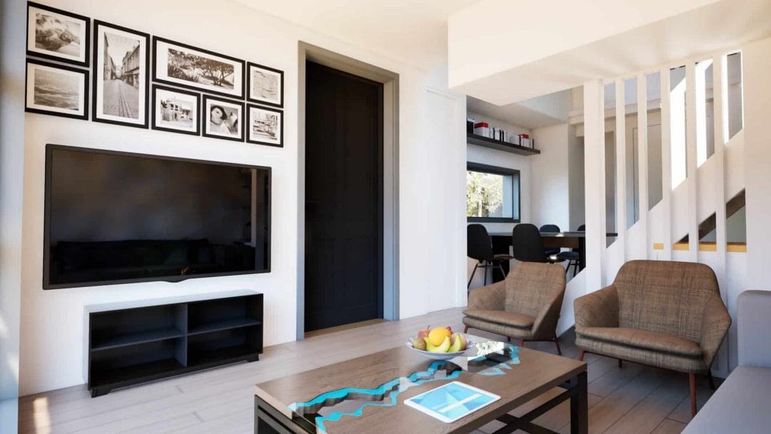 Unknown-4 Vidvinkel över förvaring, sittgrupp, trappa till ovanplan och kök i MAX Attefall